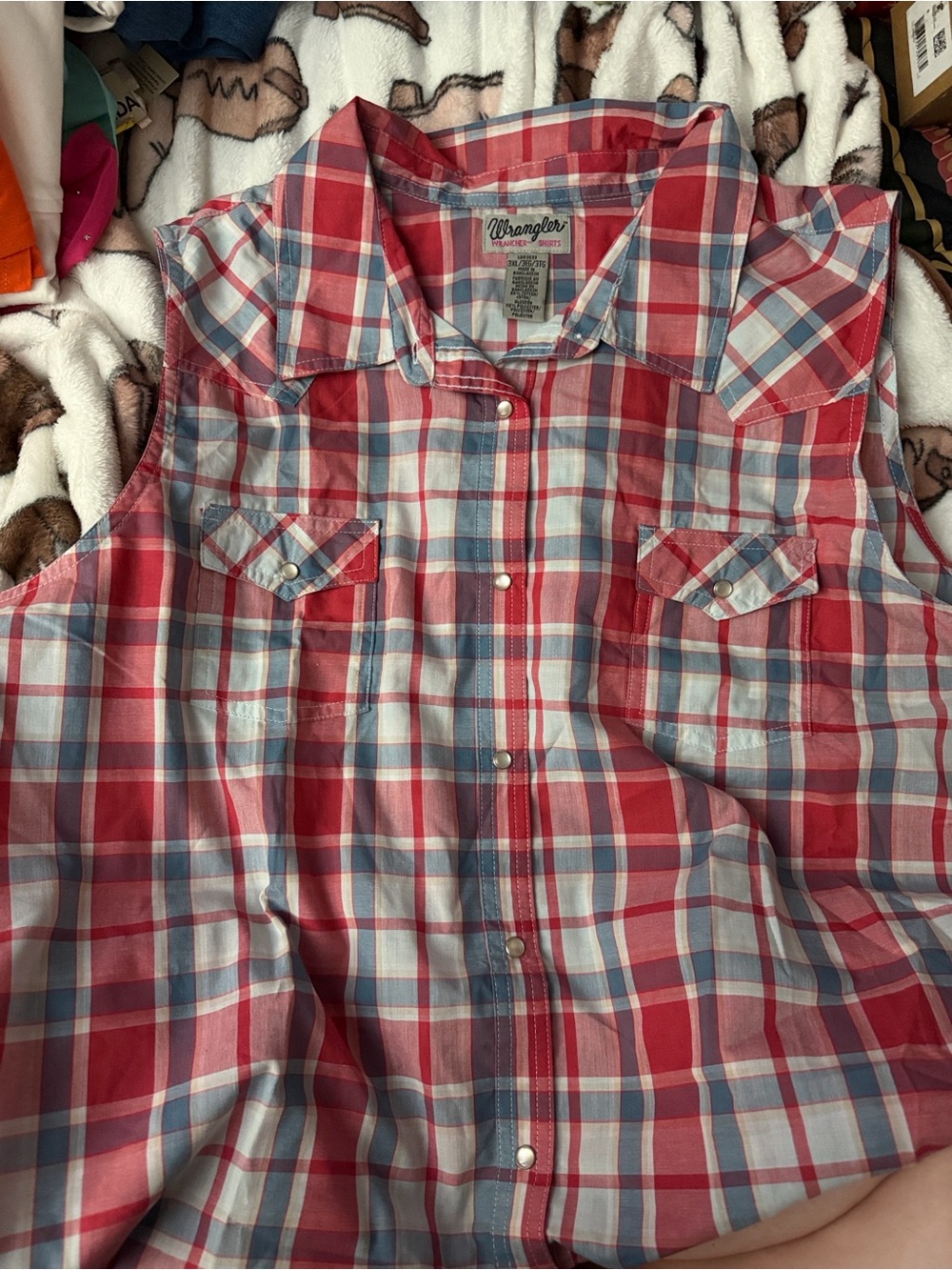Wrangler Red and Light Blue Plaid Sleeveless Snap-Front Shirt